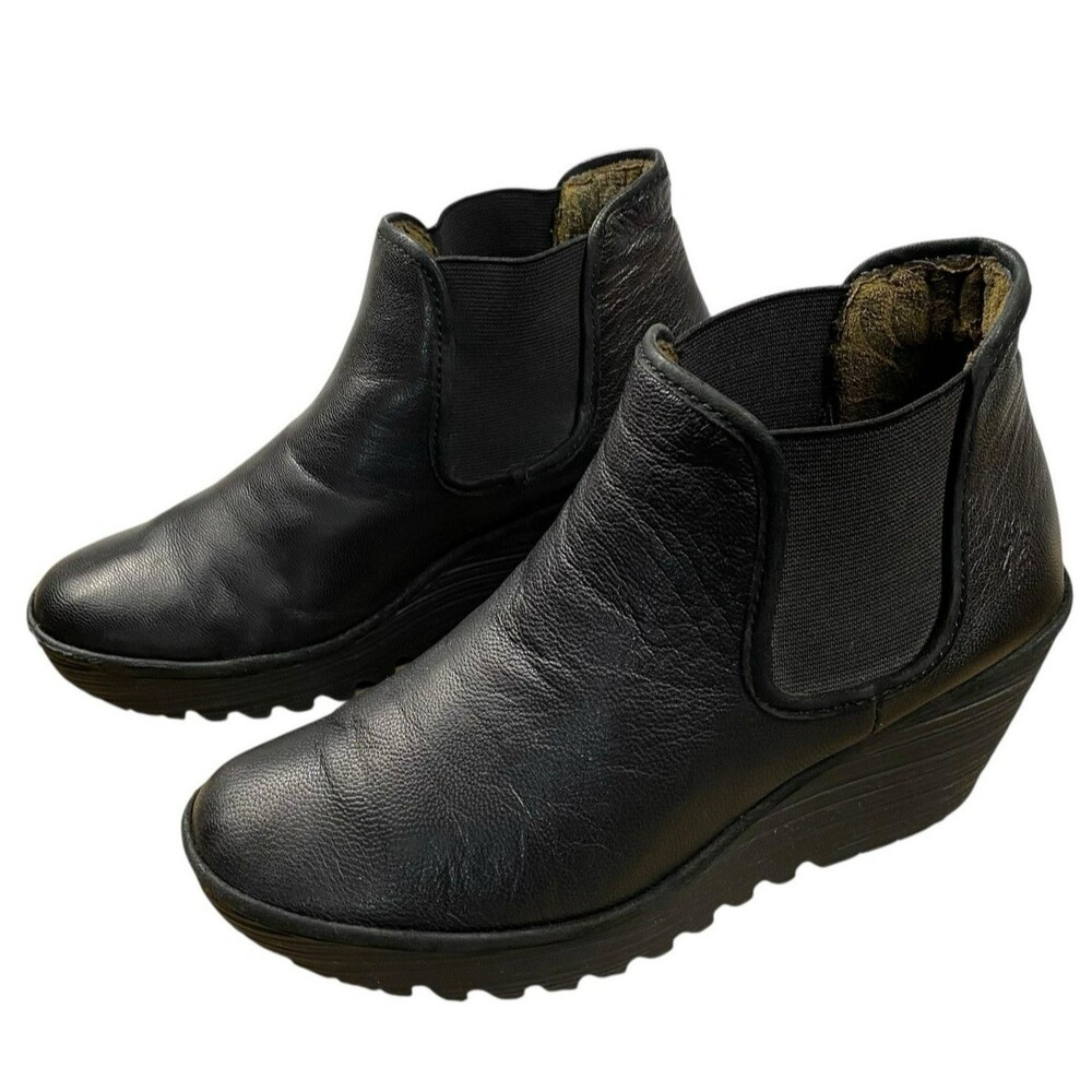 Fly London YAT Black Leather Chelsea Wedge Ankle Boots EU 39 US 8